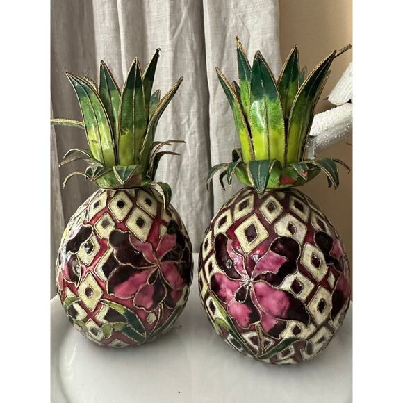 2 Vintage Cloisonné Enameled Pineapple Candlestick Holders Hollywood regency set - Picture 4 of 16